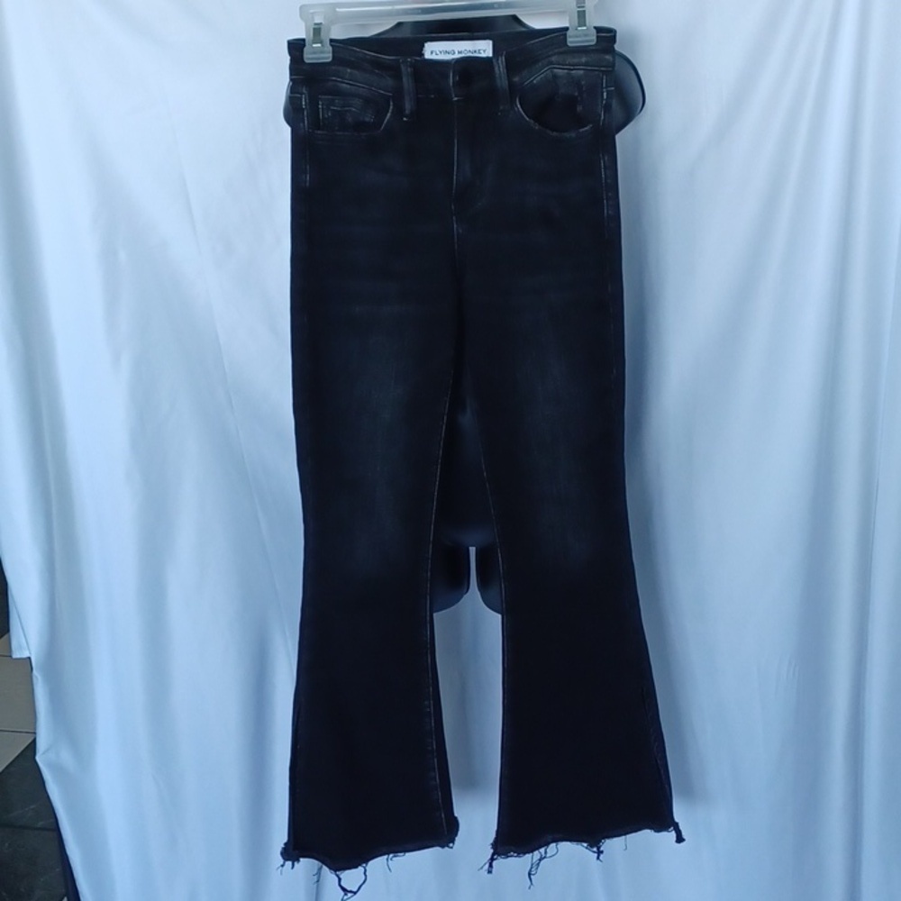High Rise Cropped Flare Distressed Black Jeans | Flying Monkey Buckle, raw hem